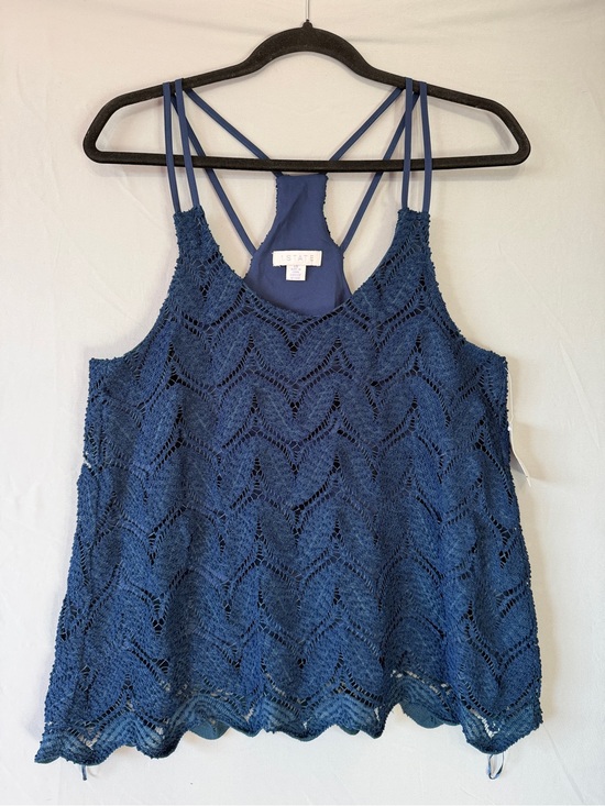 1. State Tops - 1.STATE Womens Boho Crochet Doublestrap Tank Top L Navy Racerback Lined Flowy